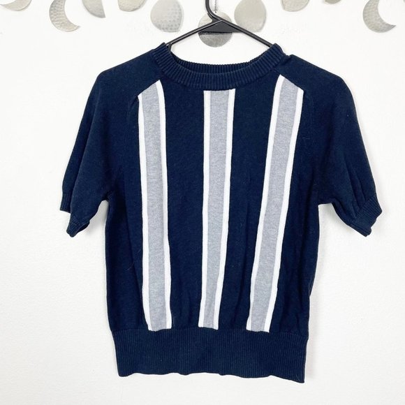 Michael Michael Kors‎ Sz S Navy Short Sleeve Sweater Gray Stripes Preppy Minimal - Picture 1 of 6